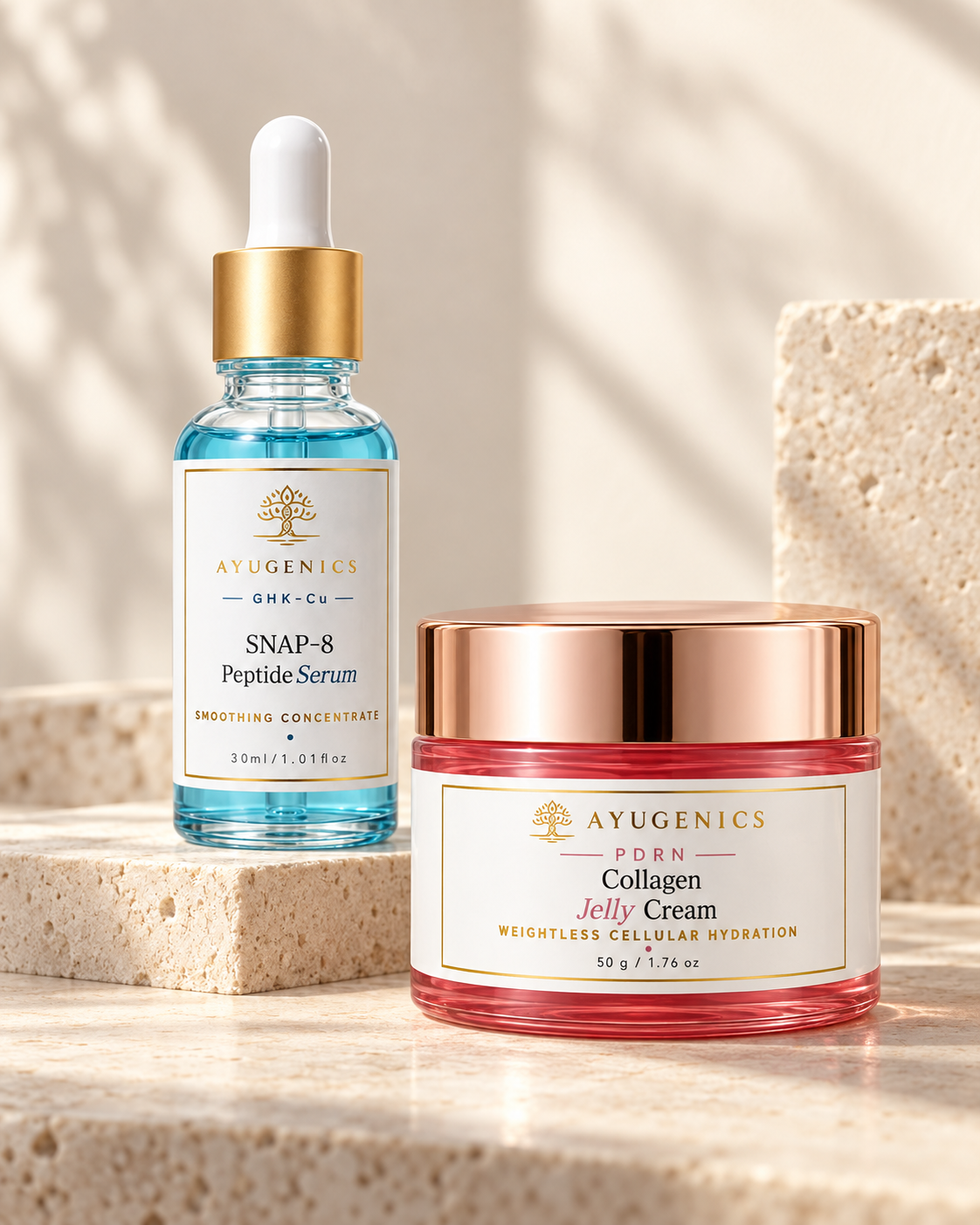 GHK-Cu SNAP-8 Peptide Serum in blue glass beside a rose-gold lidded Collagen Jelly Cream jar