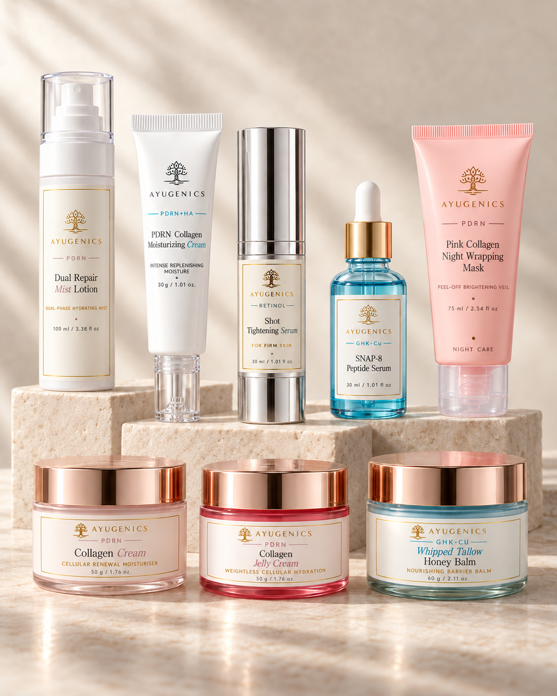 The eight Ayugenics skincare products photographed together